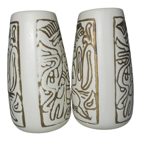 Vintage Mid-Century Mayan Aztec Native Design Vase Pair Cream Gold USA Made - Picture 11 of 16